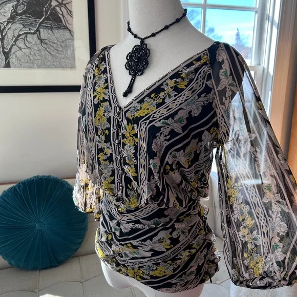 Diane Von Furstenberg Black Floral Sheer Blouse with Yellow & Green Accents - Picture 1 of 6
